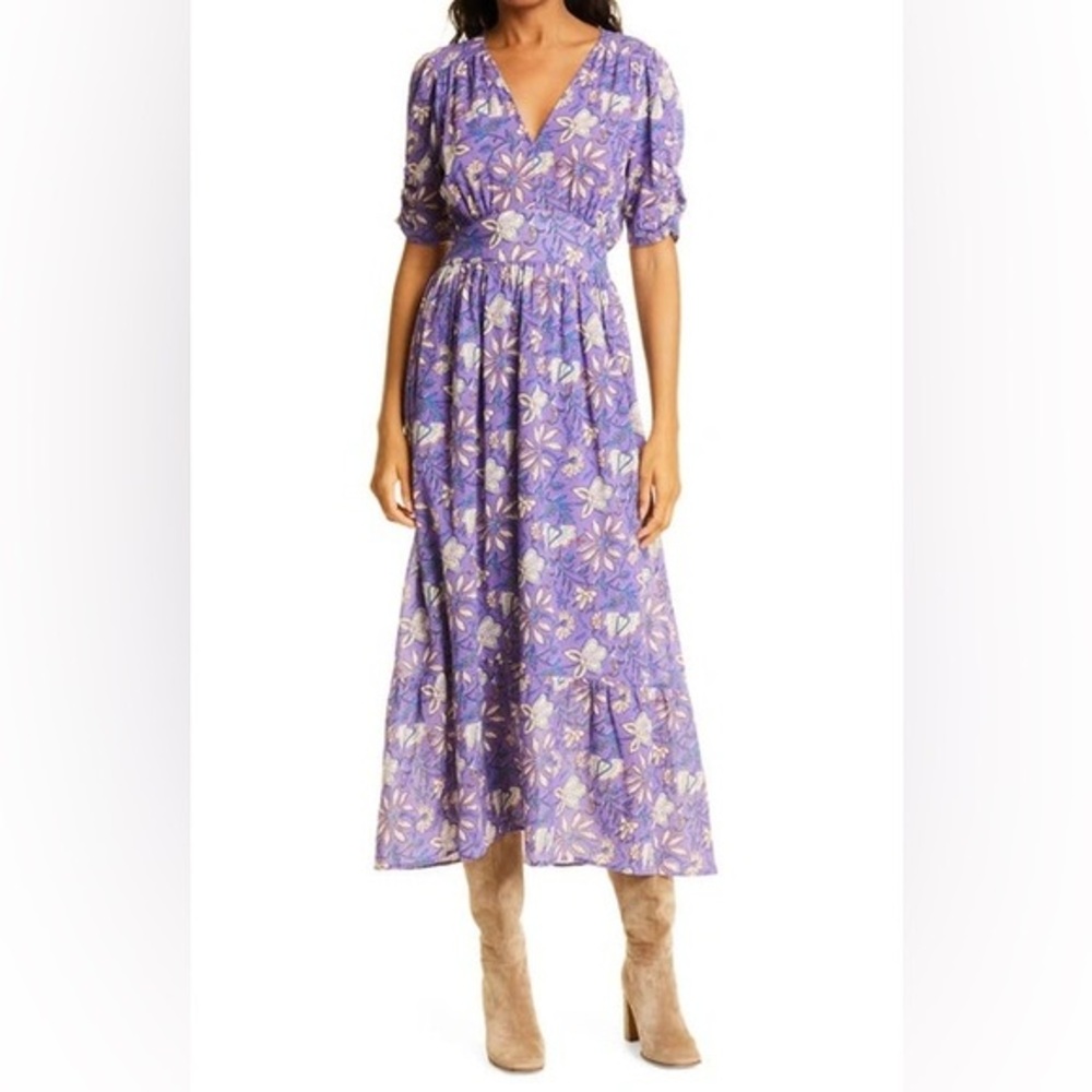 XIRENA Camelia Floral Print Puff Sleeve Cotton Dress Purple Size Extra Small